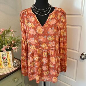 Matilda Jane Botanical Beauty Rust Orange Floral Rose Swiss Dot V Neck Blouse L